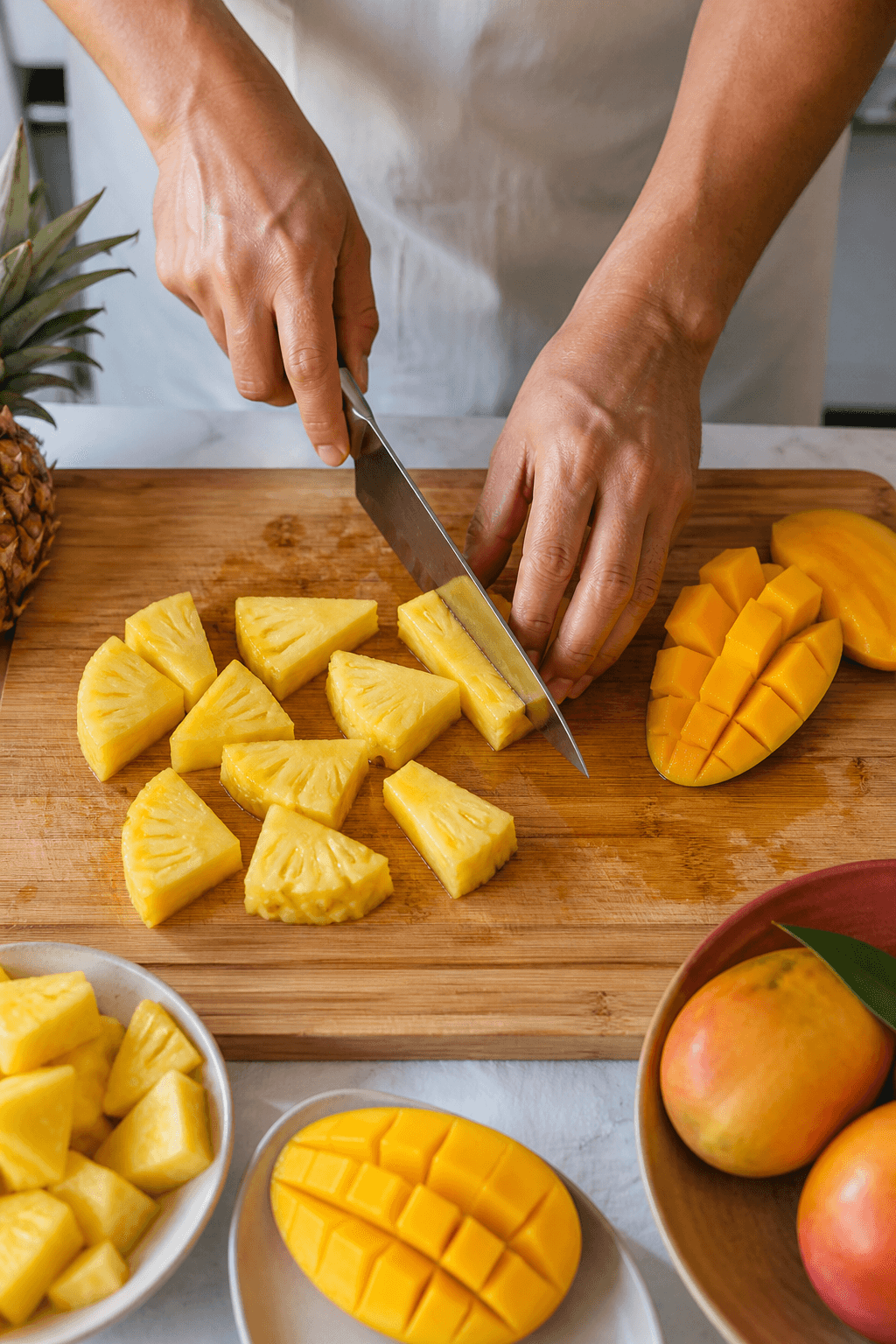 Cutting pineapple and mango